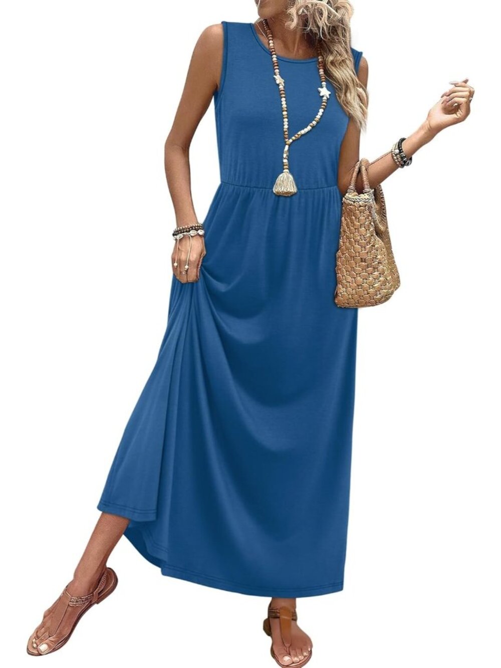 Women Blue Pull On A Line Sleeveless Sundresses with Pockets Maxi Dresses